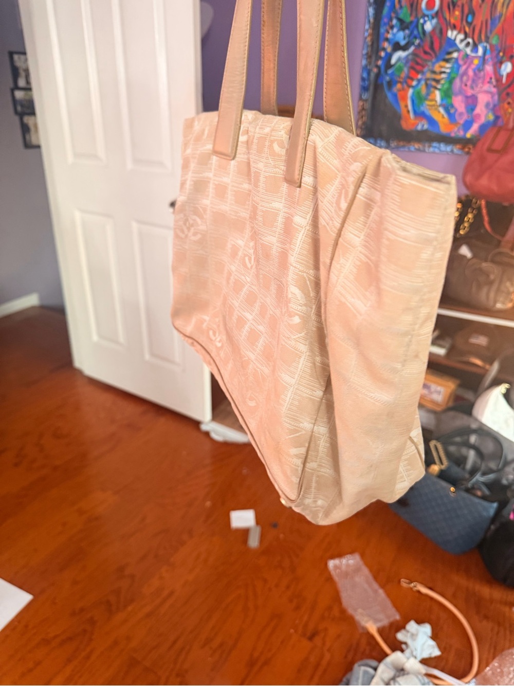 CHANEL Beige Jacquard Nylon Tote with Leather Handles - Picture 2 of 7
